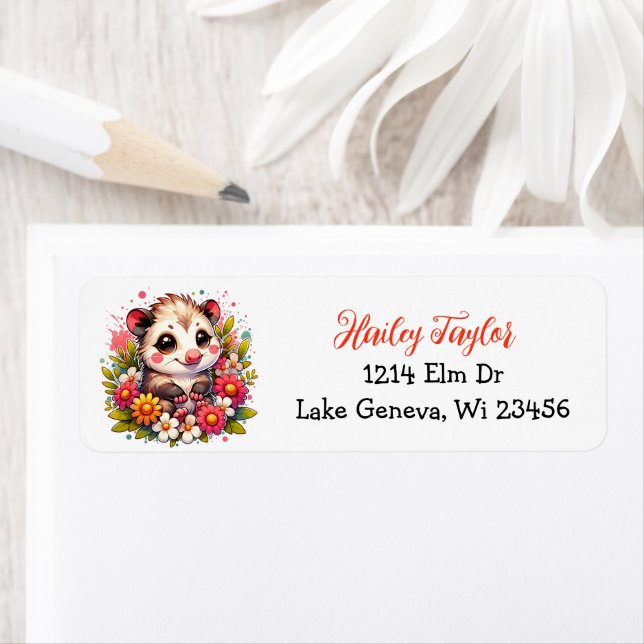 Étiquette Opossum de caricature mignonne et fleurs rose (En situation)