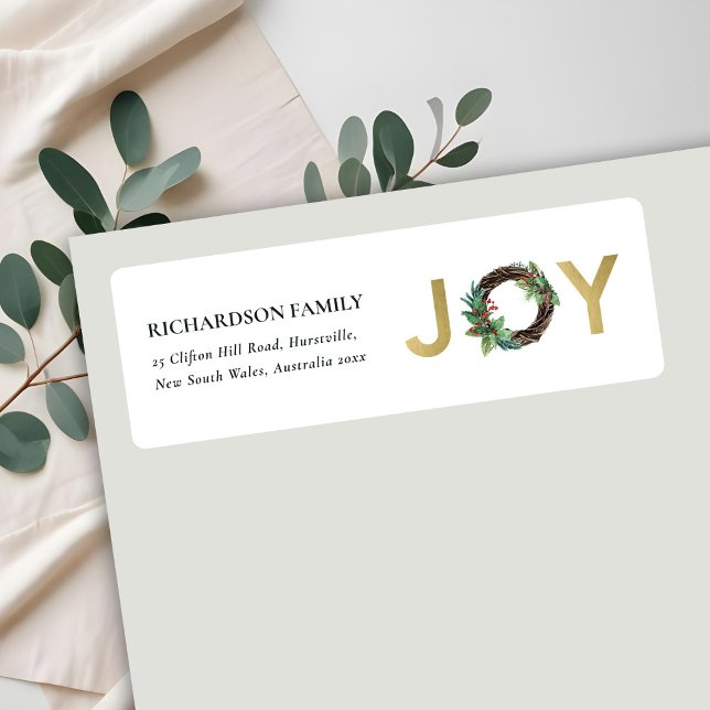 ÉTIQUETTE OR RED HOLLY BERRY JOY WREATH ADRESSE DE NOËL (Créateur téléchargé)