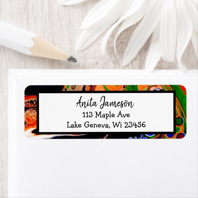 Étiquette Orange, Bleu, Vert, Black Digital Fluid Art (En situation)