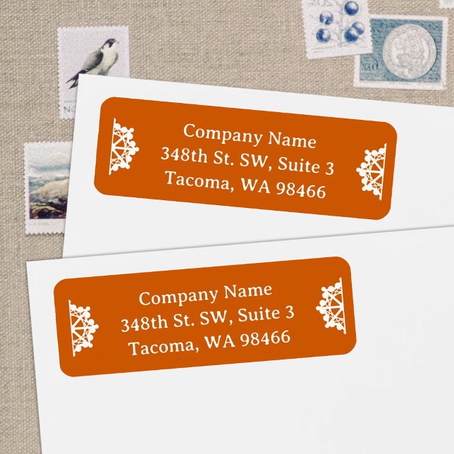Étiquette Orange Company Holiday Snowflakes Adresse postale (winter orange spice address label for company Christmas cards with white snowflakes)
