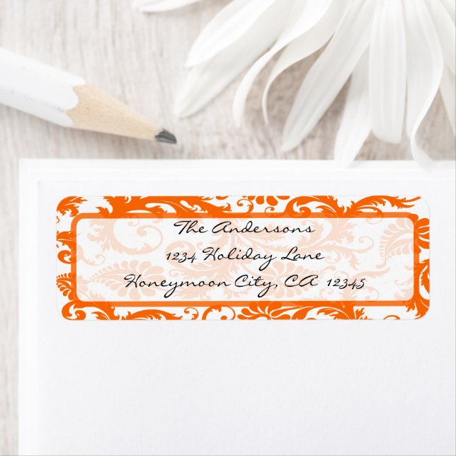 Étiquette Orange Coral Damask Black Calligraphie Adresse (En situation)