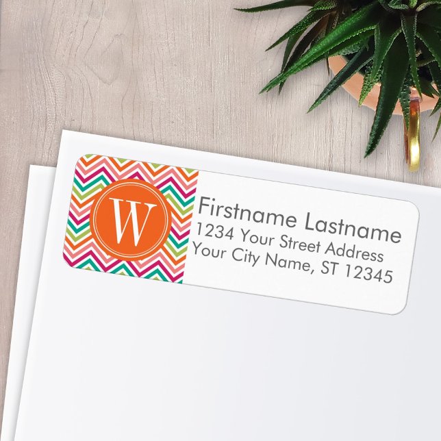 Étiquette Orange Turquoise Chevron - Monogram Adresse de ret (Créateur téléchargé)
