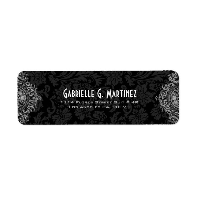 Étiquette Ornement gris et Damas florales noires Modèle 2 (Devant)