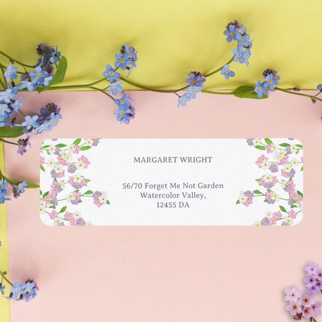 Étiquette Oubliez-moi pas Aquarelle rose et violet Mariage (Forget Me Not Watercolor Pink and Purple Wedding Label)