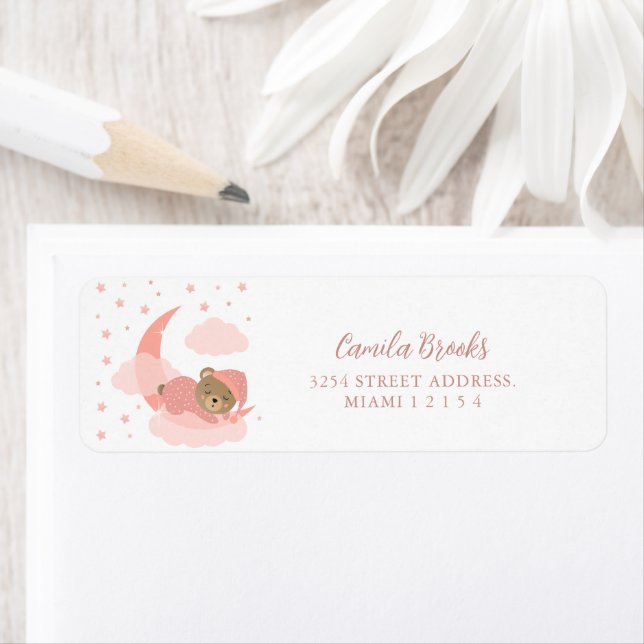 Étiquette Ours Bébé Dormir Sur Lune Rose & Nuage (En situation)