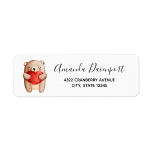 Étiquette Ours en peluche mignon portant un coeur rouge