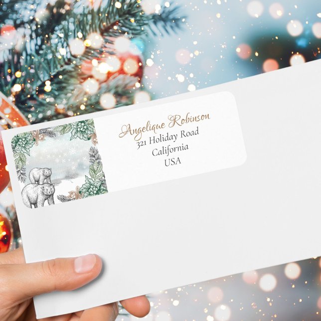 Étiquette Ours gris de forêt Arbres boisés Noël (Créateur téléchargé)