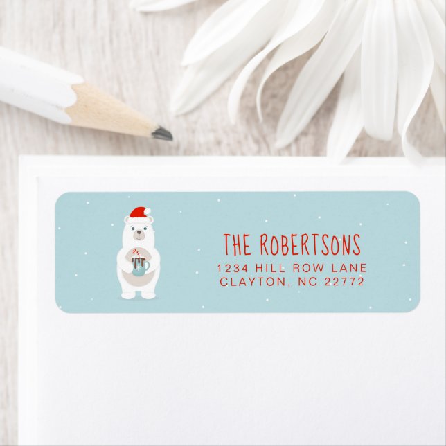 Étiquette Ours polaire et cacao chaud Noël (En situation)