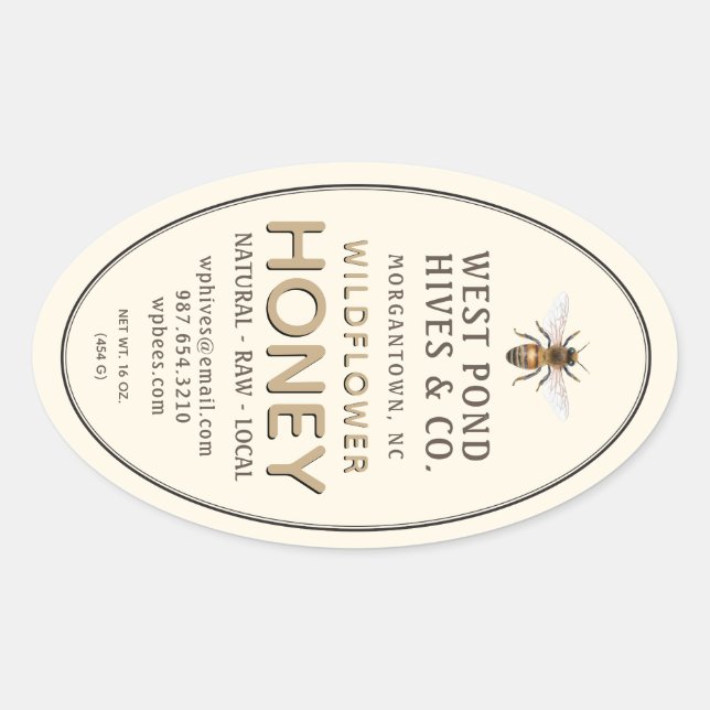 Étiquette Oval Queenline de miel Jar avec abeille  (Devant)
