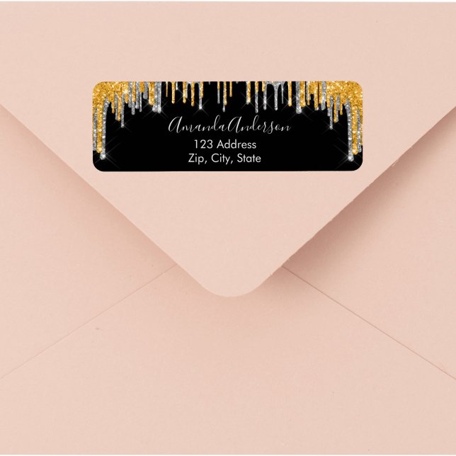Étiquette Paillettes d'or noir gouttes adresse de retour arg (Créateur téléchargé)