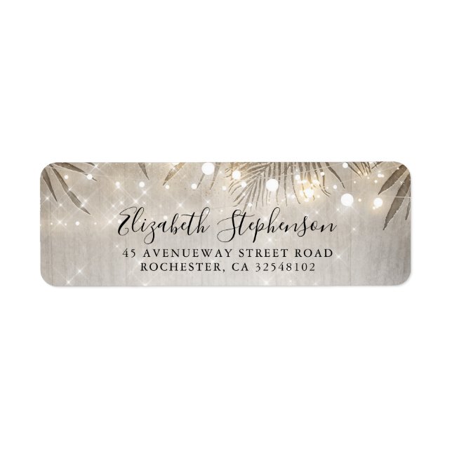 Étiquette Palm Tree Feuilles et String Lights Beach Party (Devant)