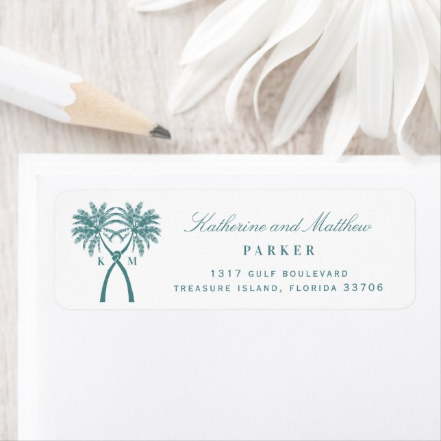 Étiquette Palmiers noués Tropical Beach Mariage Adresse (En situation)