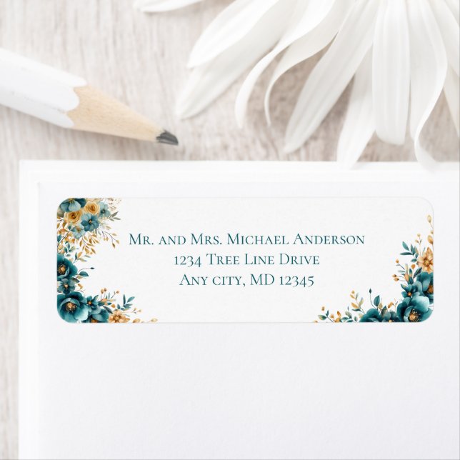 Étiquette Papier à en-tête floral aquarelle sarcelle or (En situation)