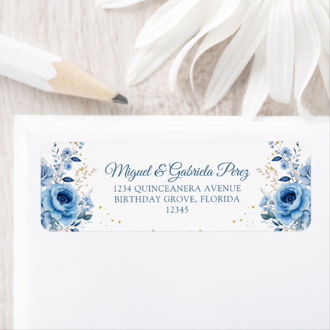 Étiquette Papier à en-tête floral bleu clair avec paillettes (En situation)