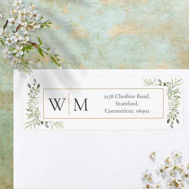 Étiquette Papier à en-tête Monogramme Végétal Aquarelle (Monogram Greenery Watercolor Foliage Address Label)