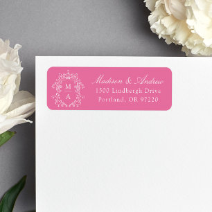 Étiquette Papier à Lettre Mariage Monogramme Crête Rose Élég