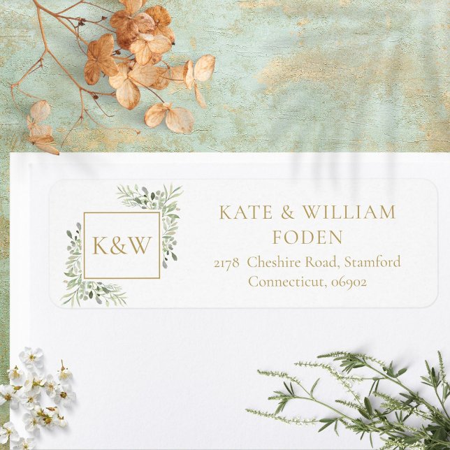 Étiquette Papier à lettres à monogramme doré avec feuillage (Gold Monogram Greenery Foliage Address Label)