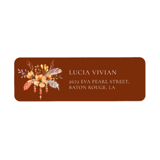 Étiquette Papier aquarelle floral sauvage orange brûlé adres (Devant)