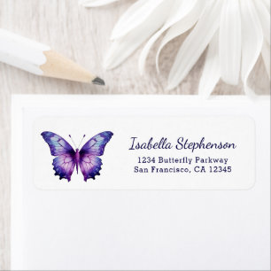 Étiquette Papillon aquarelle violet simple Adresse de retour