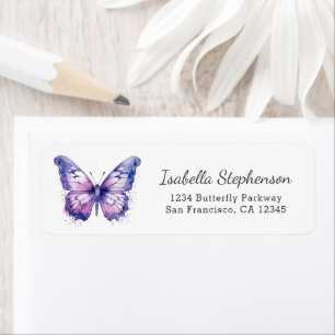Étiquette Papillon aquarelle violet simple Adresse de retour
