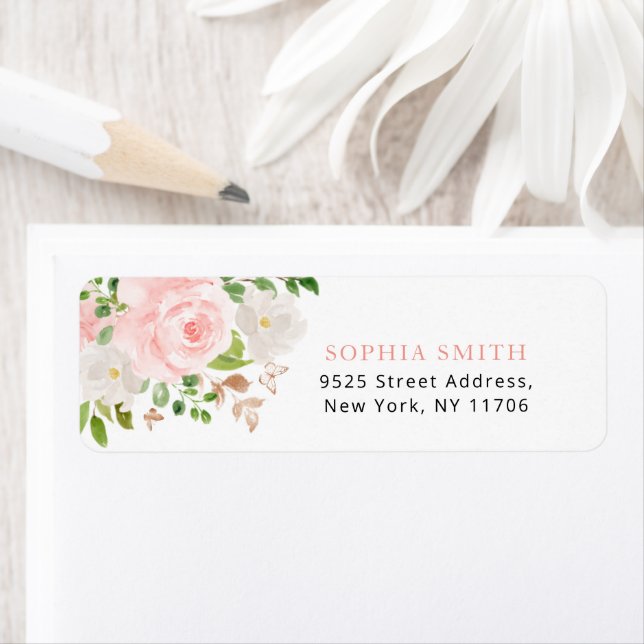 Étiquette Papillon Floral blush roses roses retour Adresse (En situation)