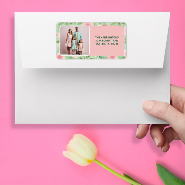 Étiquette Pâques Photo personnalisée Pastel Rose & Flore ver (Créateur téléchargé)