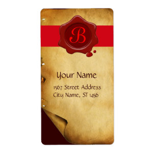 ÉTIQUETTE PARCHEMIN BRUN, SCEAU DE CIRAGE ROUGE MONOGRAMME