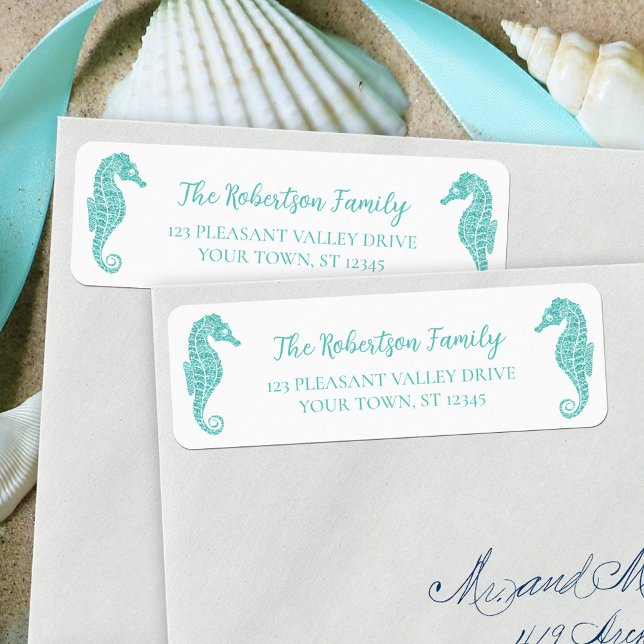 Étiquette Parties scintillant de Noël Seahorses Aqua Adresse (Créateur téléchargé)