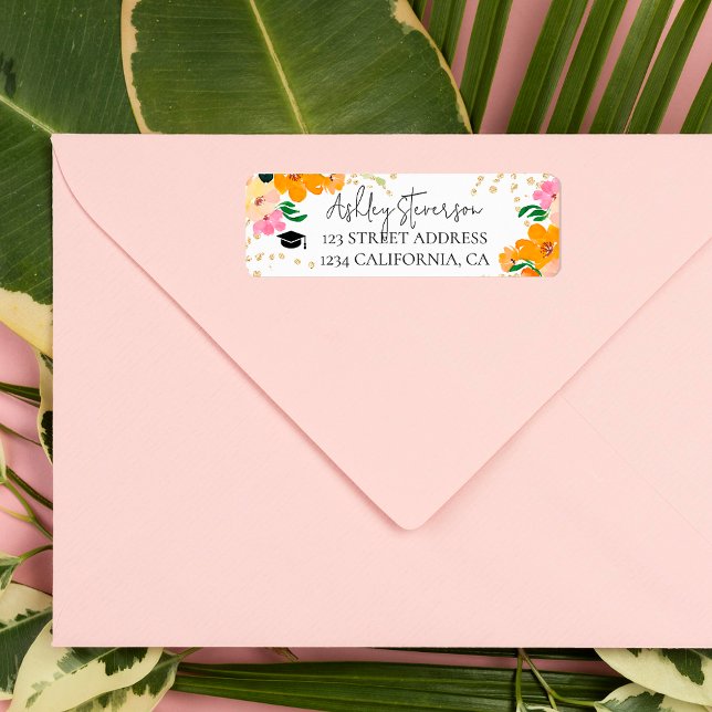 Étiquette Parties scintillant d'or fleurie orangé graduation (Gold glitter floral orange botanical graduation label)