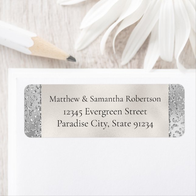 Étiquette Parties scintillant Empreinte de léopard argent Lu (En situation)