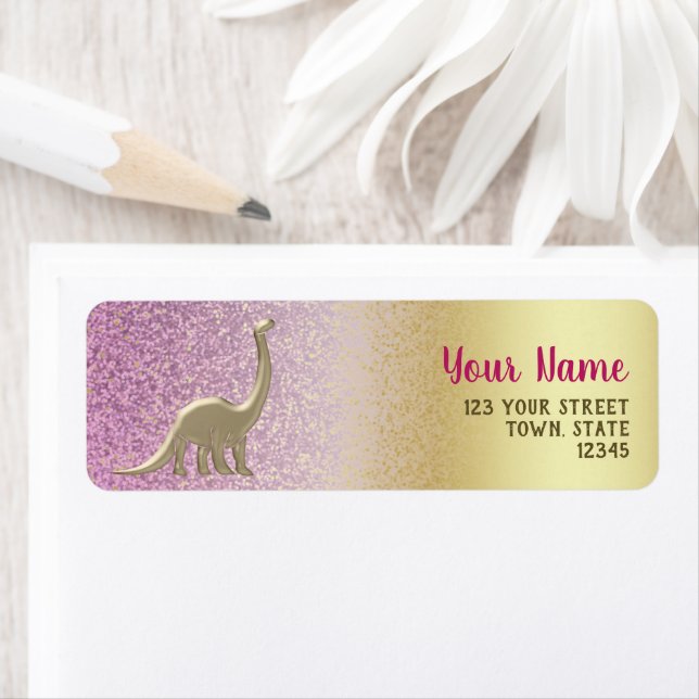 Étiquette Parties scintillant Ombre Pink & Gold Dinosaur Adr (En situation)