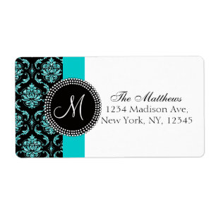 Étiquette Parties scintillant Turquoise Damas Noir Monogramm