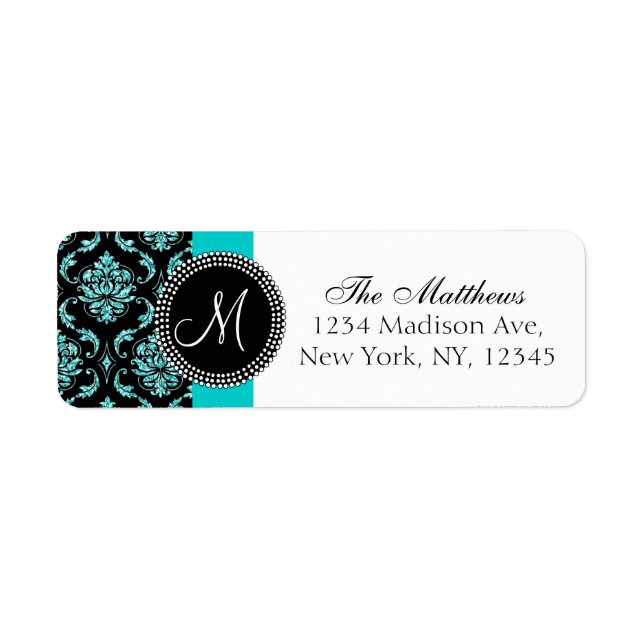 Étiquette Parties scintillant Turquoise Damas Noir Monogramm (Devant)