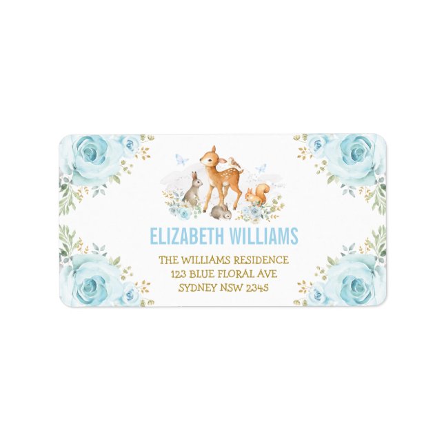 Étiquette Pastel Blue Gold Woodland Forest Adresse de retour (Devant)