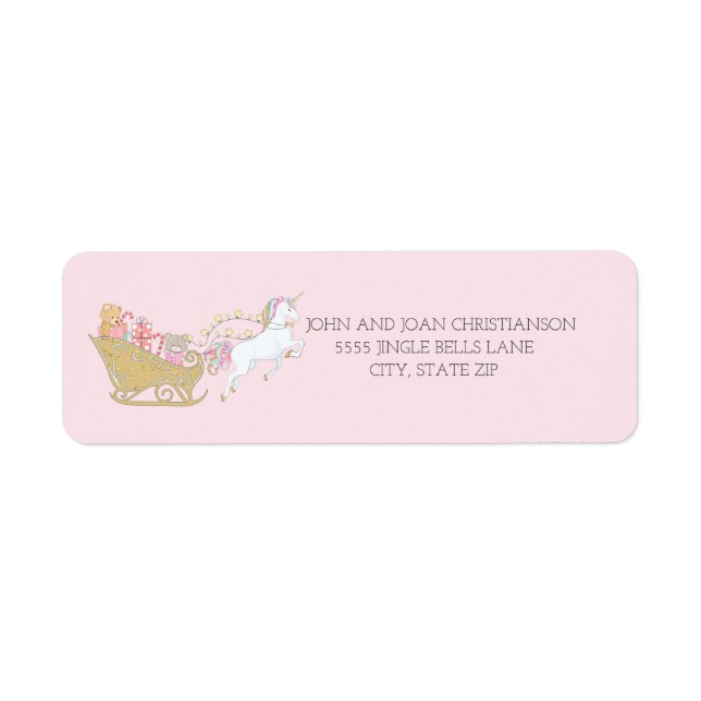 Étiquette Pastel Christmas Unicorne Père Noël rose doré (Devant)
