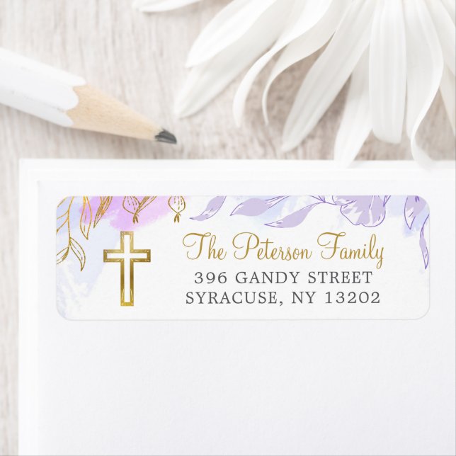 Étiquette Pastel Purple Gold Floral Adresse de retour religi (En situation)
