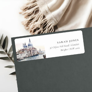 Étiquette Pastel Venice Italie Canaux Aquarelle Adresse