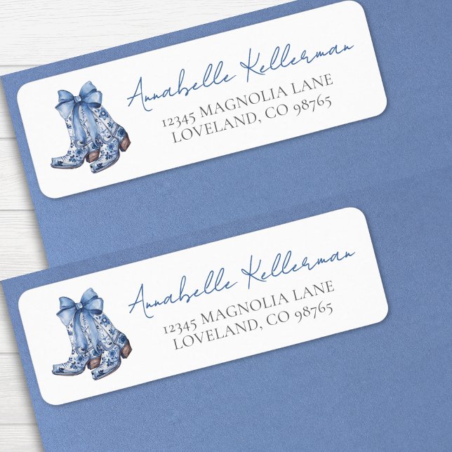 Étiquette Pays Bottes de Cowboy Retour Adresse (Country Blue Bow Cowboy Return Address label)