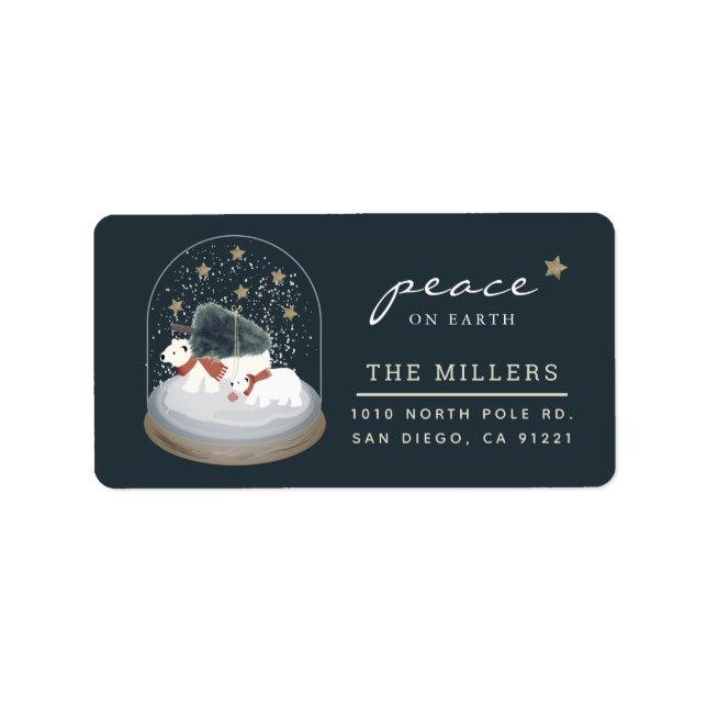 Étiquette Peace Polar Bears Snow Globe Navy Blue Adresse (Devant)
