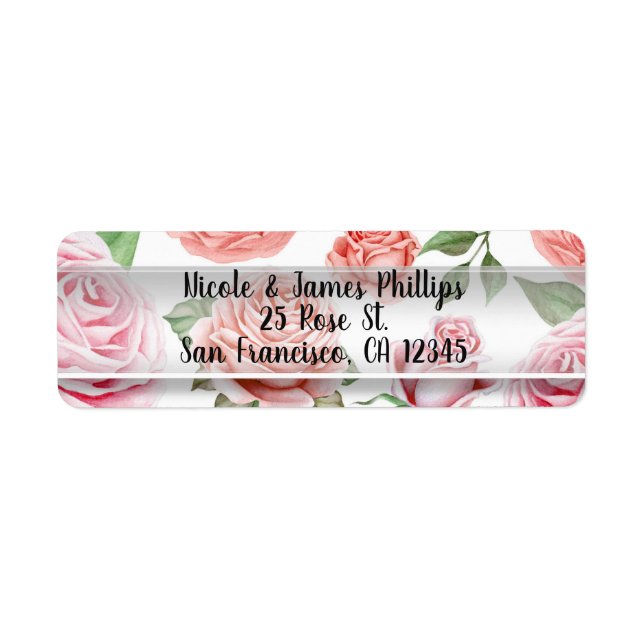 Étiquette Peach Coral Rose Roses Verdure Feuilles Élégant (Devant)