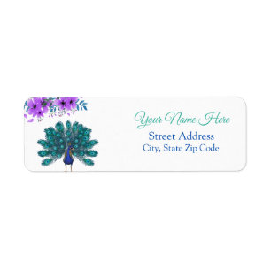 Étiquette Peacock vert et bleu Fleurs d'aquarelle violette