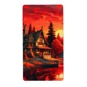 Étiquette Peinture coucher de soleil avec chalet et lac-6663