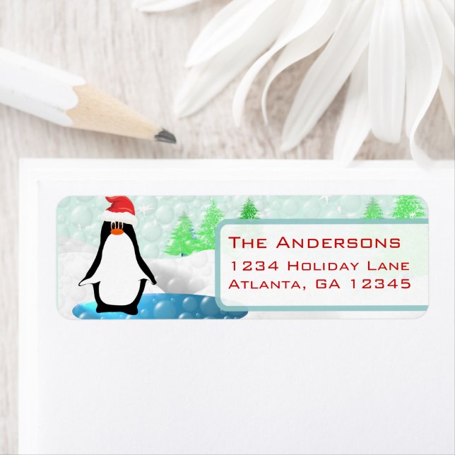 Étiquette Penguin de Noël Santa Hat Adresse de retour (En situation)