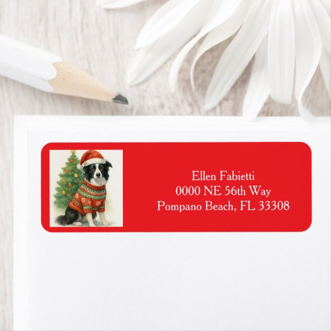 Étiquette Père Noël Border Collie Noël Adresse de Retour (En situation)