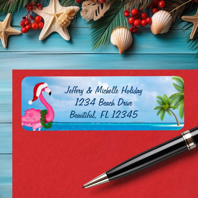 Étiquette Père Noël Pink Flamant rose Christmas Beach Adress (Santa Pink Flamingo Christmas Beach Address Label)