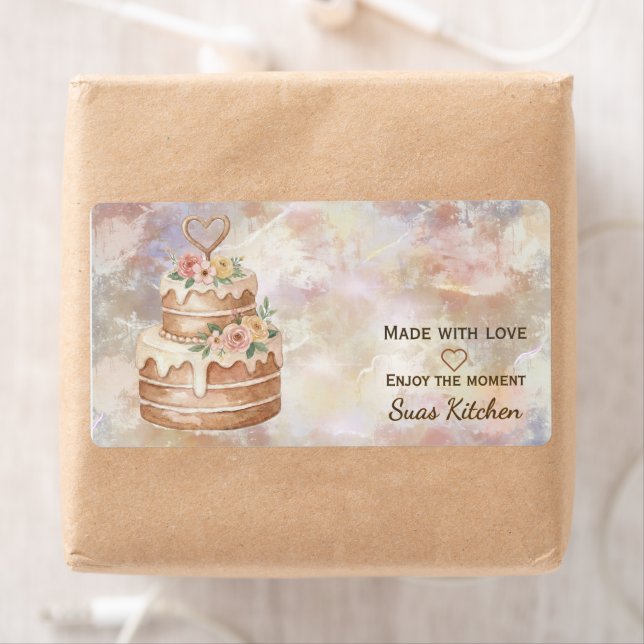 Étiquette Personalized "Handmade with Love" Pink Beige Cake  (En situation)