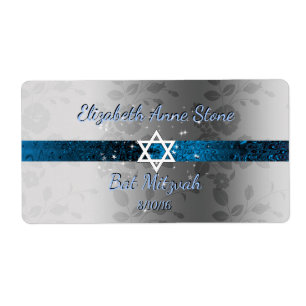 Étiquette Personnalisé, Bat mitzvah, Bleu & Argent, Bouteill