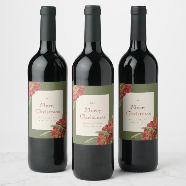 Étiquette personnalisée de vacances florale rouge  (Bouteilles)