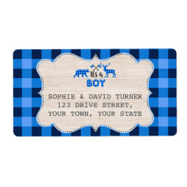 Étiquette Petit Chasseur de bûcheron Baby shower bleu plaid