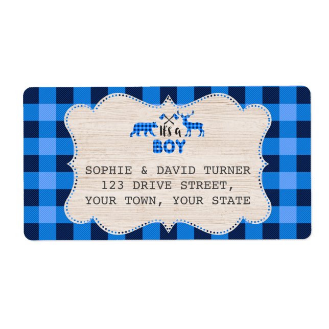 Étiquette Petit Chasseur de bûcheron Baby shower bleu plaid (Devant)